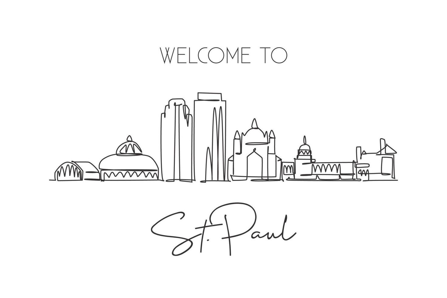 enda kontinuerlig linjeteckning saint paul city skyline, minnesota. berömda stadsskrapalandskap. världsresor koncept hem vägg dekor affisch print konst. moderna en rad rita design vektorillustration vektor