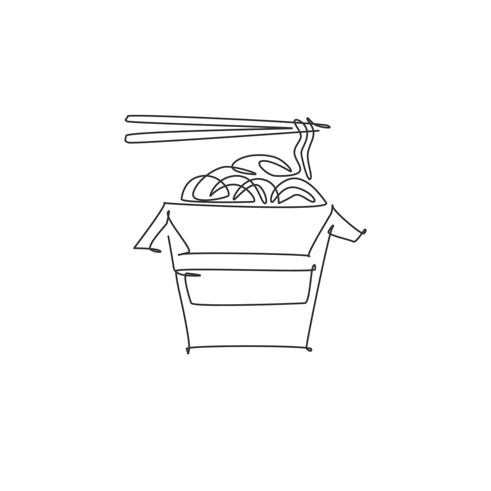 en kontinuerlig linjeteckning av färska läckra japanska kryddiga nudlar på emblem för låda restauranglogotyp. snabbmat café butik logotyp mall koncept. moderna en rad rita design vektorillustration vektor