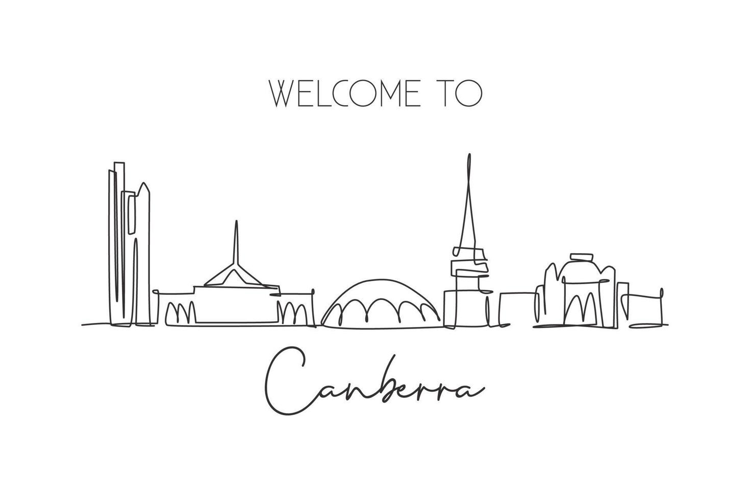 en enda linjeteckning canberra city skyline, australien. historiska stadslandskapet. bästa semestermål hem väggdekor affisch print konst. trendiga kontinuerlig linje rita design vektorillustration vektor