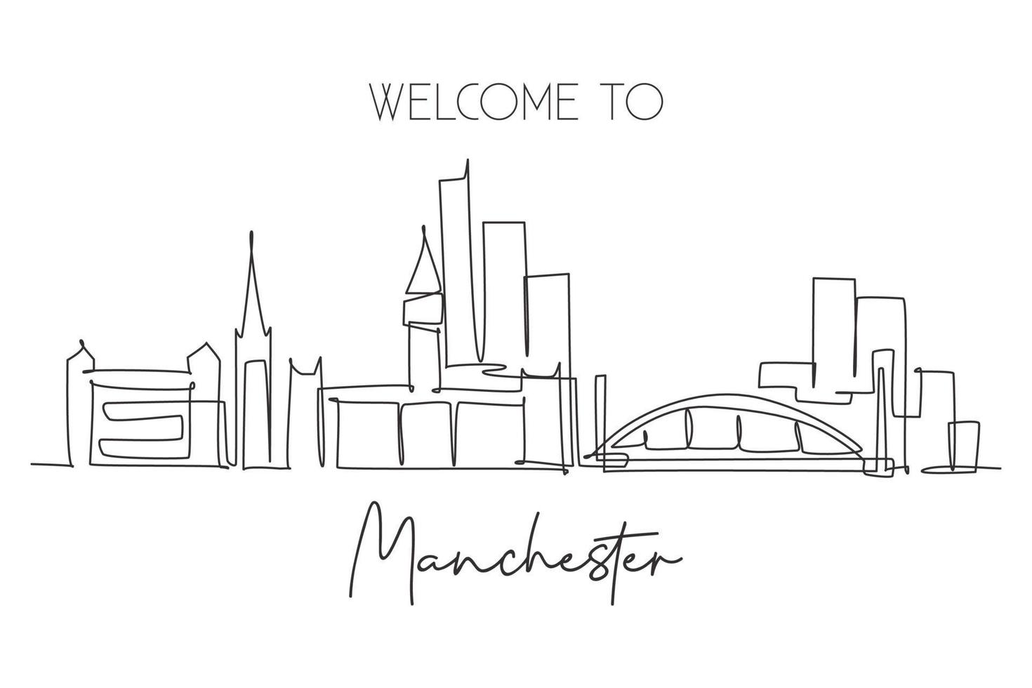 einzelne fortlaufende Linienzeichnung der Skyline von Manchester City. berühmte Wolkenkratzerlandschaft der Welt. Weltreise-Home-Wand-Dekor-Poster-Print-Konzept. moderne einzeilige abgehobene betragsdesign-vektorillustration vektor