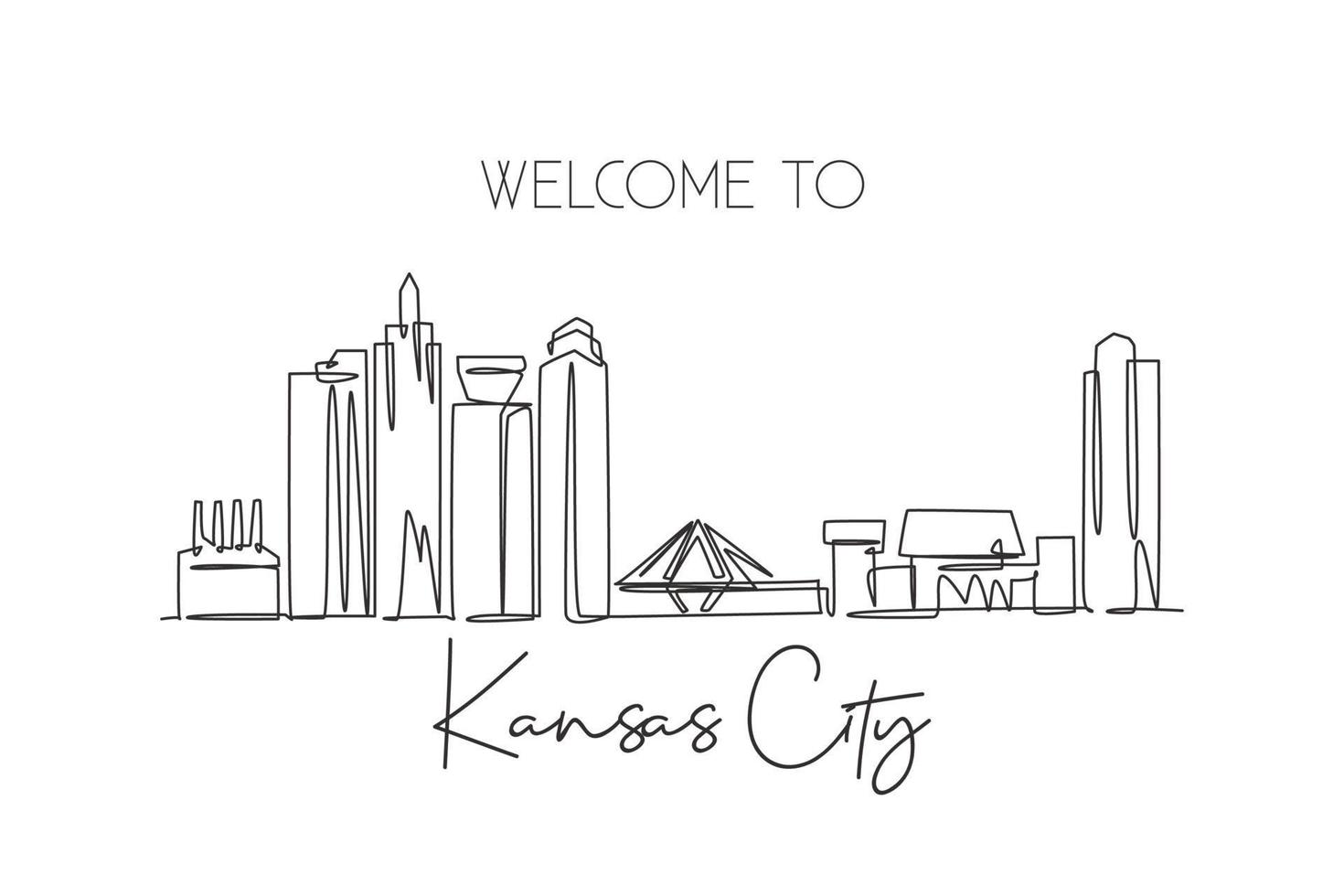 eine einzige Strichzeichnung der Skyline von Kansas City, Vereinigte Staaten. historische Stadtlandschaft. bestes Urlaubsziel Wanddekoration Posterdruck Kunst. trendige Design-Vektorillustration mit durchgehender Linie vektor