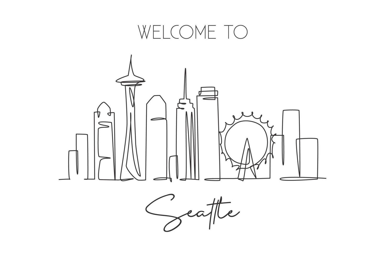 enda kontinuerlig linjeritning av seattle city skyline, usa. berömda stadsskrapa och landskap hemvägg dekor affisch print konst. världsresor koncept. moderna en rad rita design vektorillustration vektor