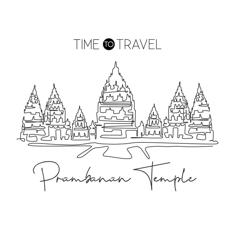 eine einzige strichzeichnung prambanan tempel wahrzeichen. weltberühmter ort in jogja, indonesien. tourismus reise postkarte home wanddekor druckkonzept. moderne durchgehende Linie zeichnen Design-Vektor-Illustration vektor