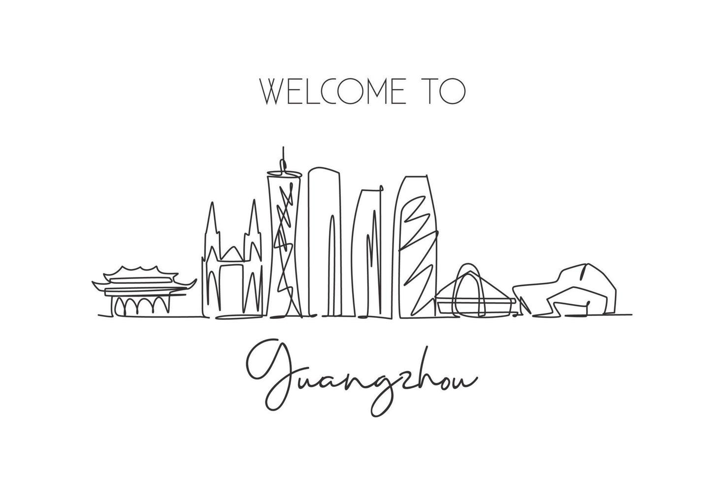 enda kontinuerlig linjeritning av Guangzhous skyline, Kina. berömda stadslandskap. världsresor koncept. redigerbara stroke en rad rita design vektorillustration vektor