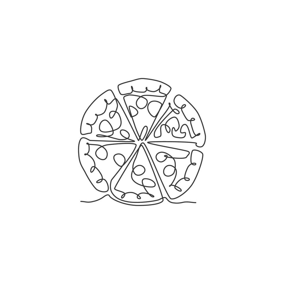 eine durchgehende Strichzeichnung von frischem, leckerem italienischem Pizza-Restaurant-Logo-Abzeichen. Fast-Food-italienische Pizzeria-Café-Shop-Logo-Vorlagenkonzept. moderne einzeilige zeichnen-design-vektorillustration vektor