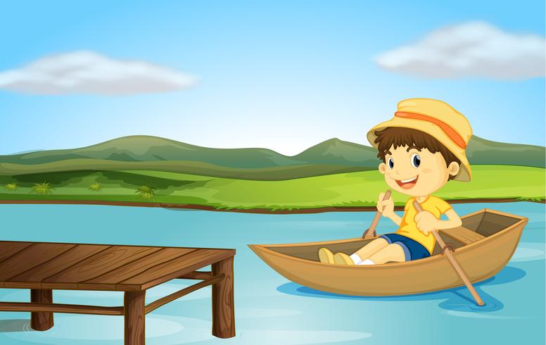 Ein Junge in einem Boot und einer Holzbank vektor