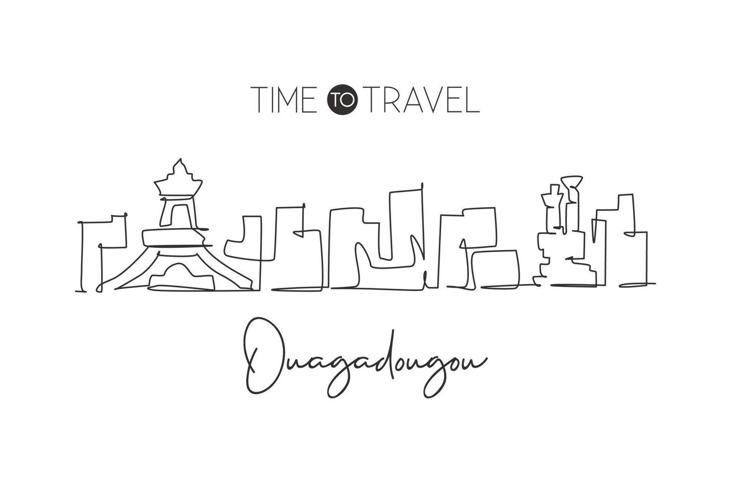 eine durchgehende linienzeichnung der skyline der stadt ouagadougou, burkina faso. schöne Postkarte mit Wahrzeichen der Stadt. Weltlandschaftstourismus und Reisen. bearbeitbare Strichzeichnungsdesign-Vektorillustration des einzeiligen Strichs vektor