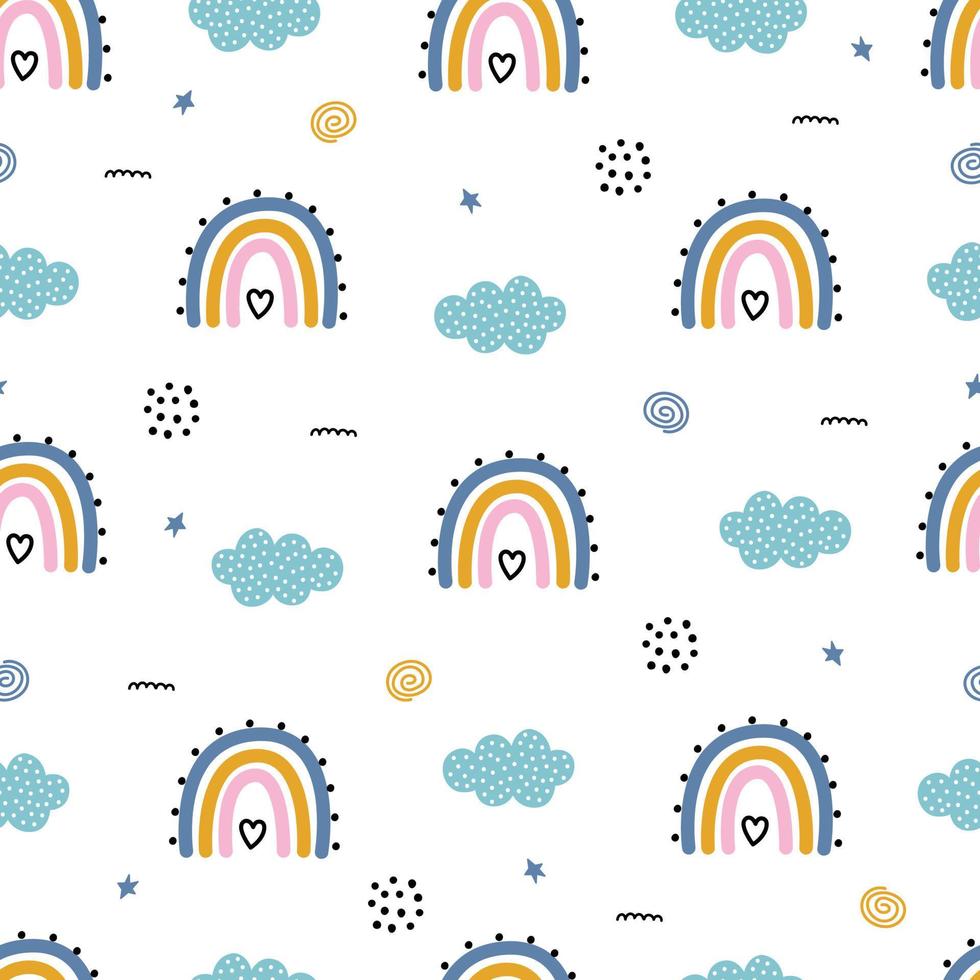 sömlös baby mönster regnbåge med moln på vit bakgrund, handritad, designad i en tecknad stil vektor