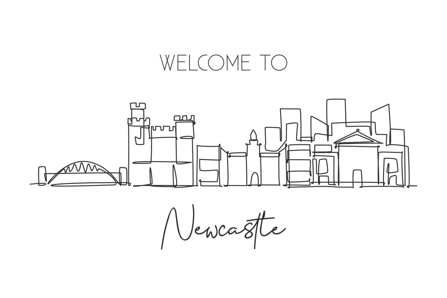 eine fortlaufende Linienzeichnung der Skyline von Newcastle. schöne stadt wolkenkratzer welt landschaft tourismus reisen ferienhaus wanddekor poster kunstkonzept. einzeiliges zeichnen design vektorillustration vektor