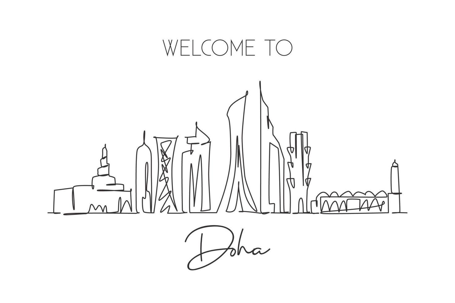 enda kontinuerlig linjeteckning av doha stads silhuett, qatar. berömda stadsskrapa och landskap hemvägg dekor affisch print konst. världsresor koncept. moderna en rad rita design vektorillustration vektor