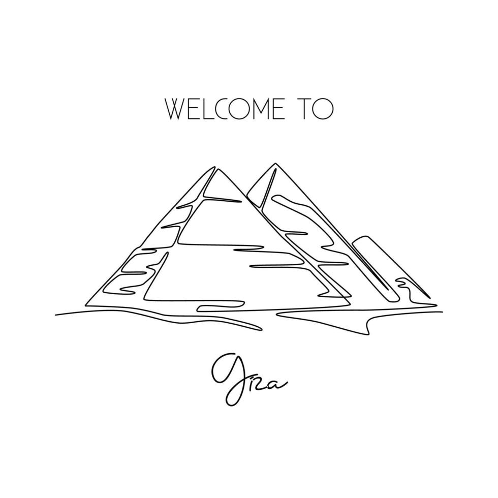 enda en rad ritning pyramid. skönhet historisk ikonisk plats i giza, egypten. turism och resor vykort och heminredning väggkonst affischtryck. modern kontinuerlig linje rita design vektorillustration vektor