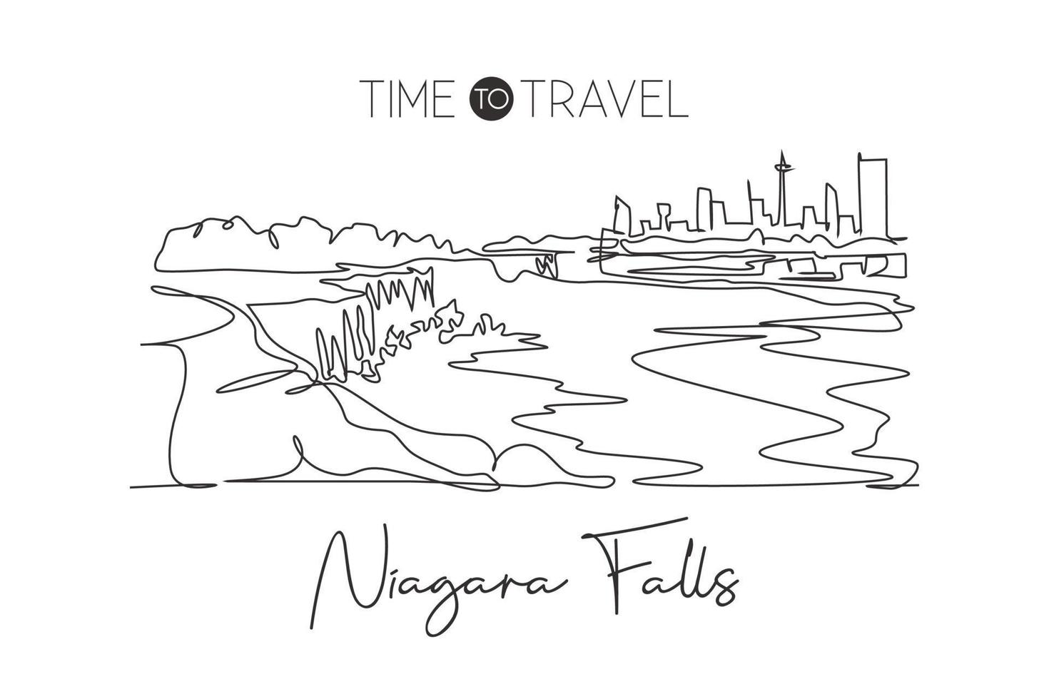 enda kontinuerlig linjeteckning av Niagarafallens skyline, Kanada. berömd natur landskap heminredning konst affischtryck. världsresor destination koncept. moderna en rad rita design vektorillustration vektor