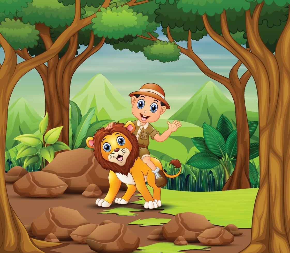 glad djurskötare pojke och lejon i en skog vektor