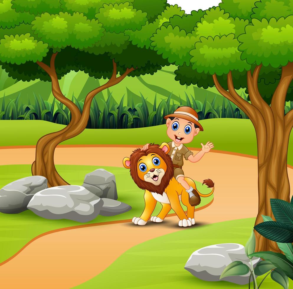 Tierpfleger mit einem Löwen, der durch den Dschungel läuft vektor