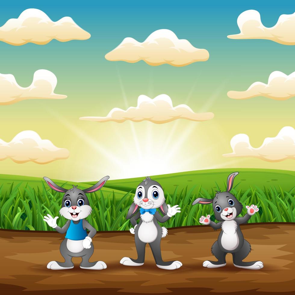 tre kaniner står på fältet på morgonen vektor