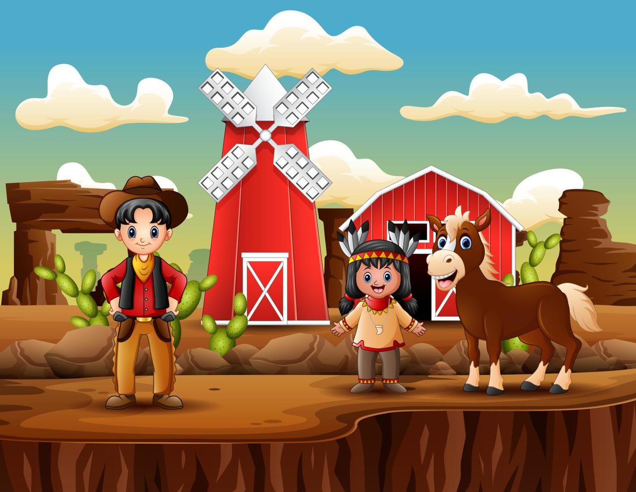 Wild-West-Farm mit Cowboy und Indianermädchen vektor