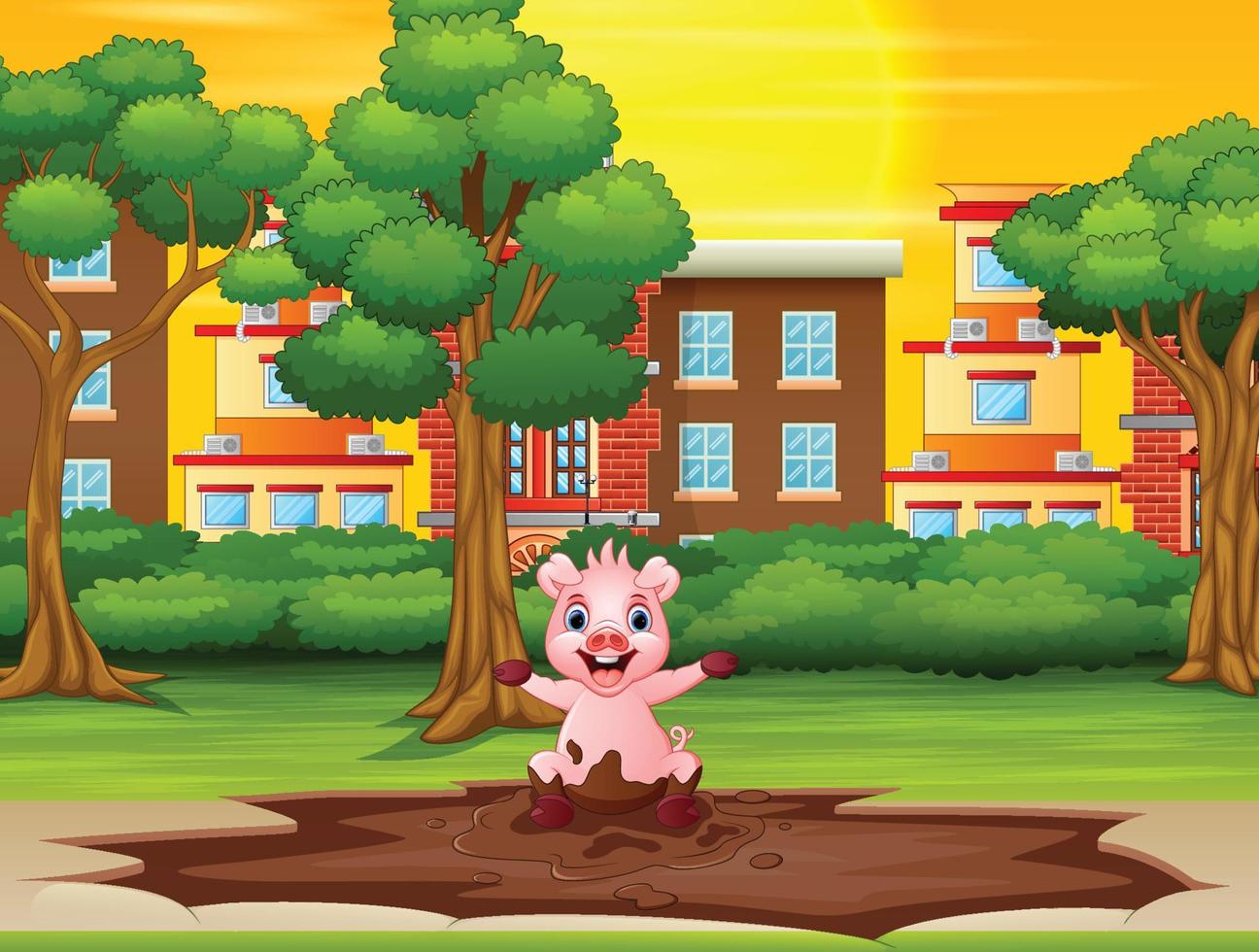 Kleines Schwein, das im Stadtpark eine Schlammpfütze spielt vektor