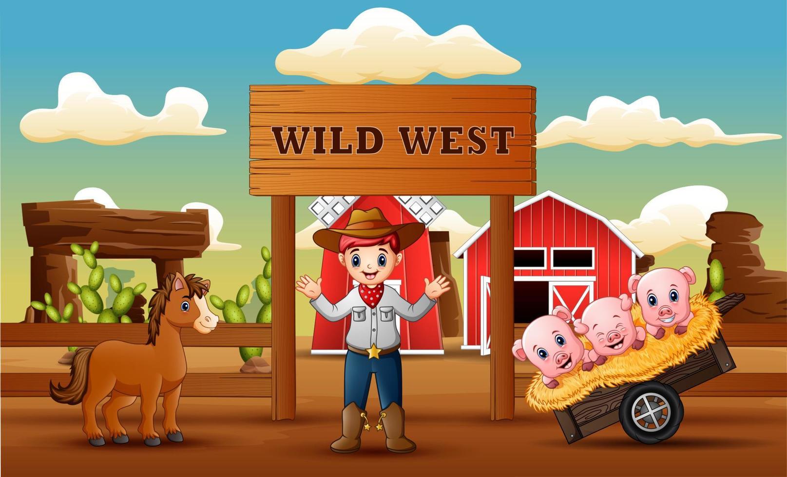 Farm Wild-West-Hintergrund mit Cowboy und Tieren vektor