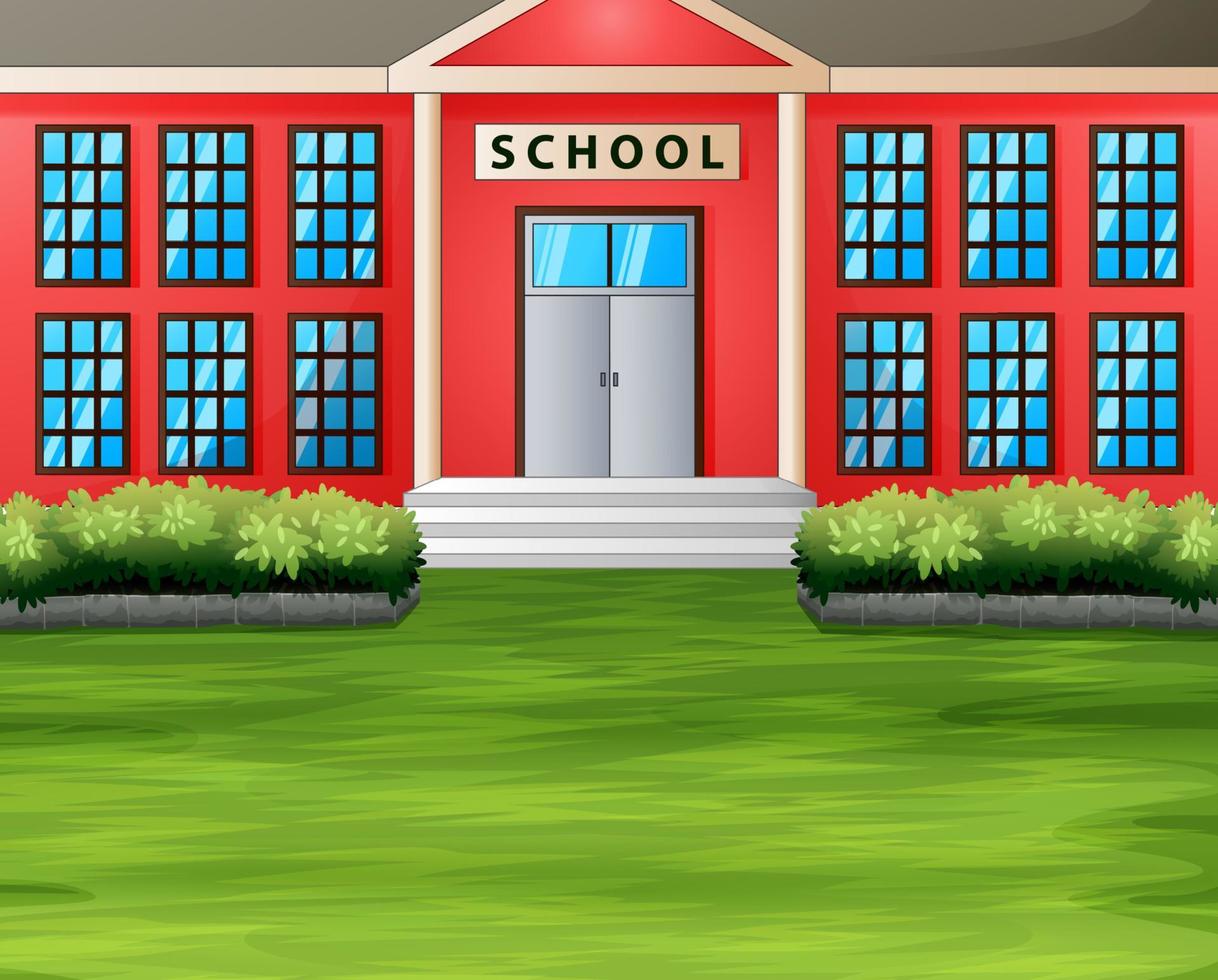tecknad en skolbyggnad med grön gräsmatta vektor