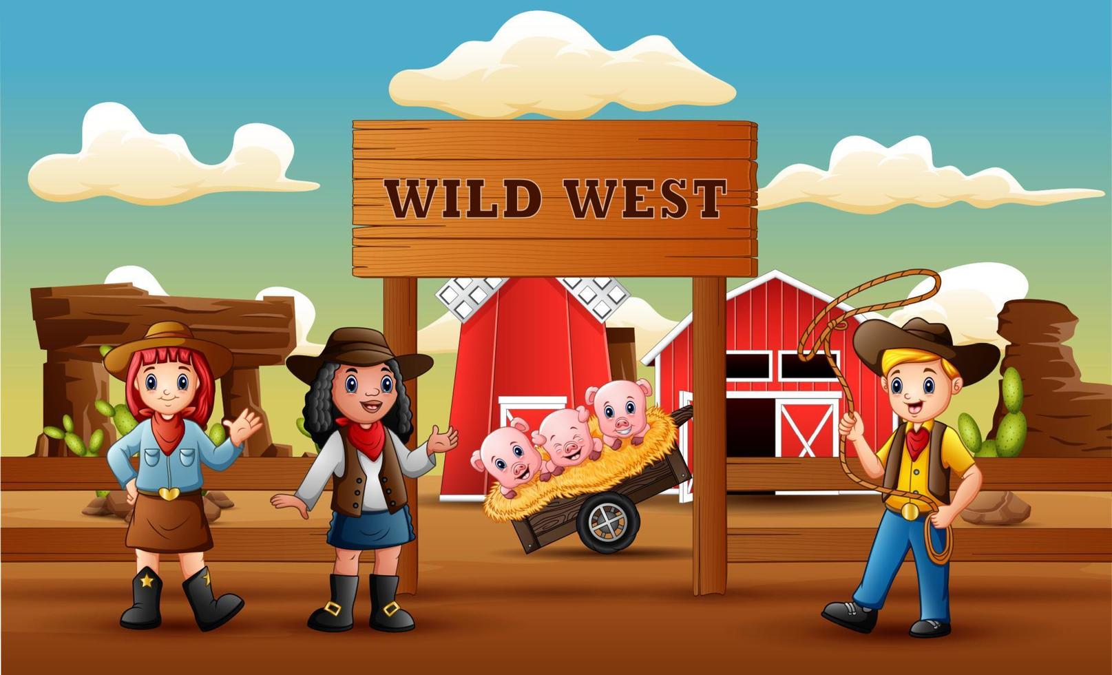 Cowboy-Wild-West-Cartoon mit Tier im Hofeingang vektor