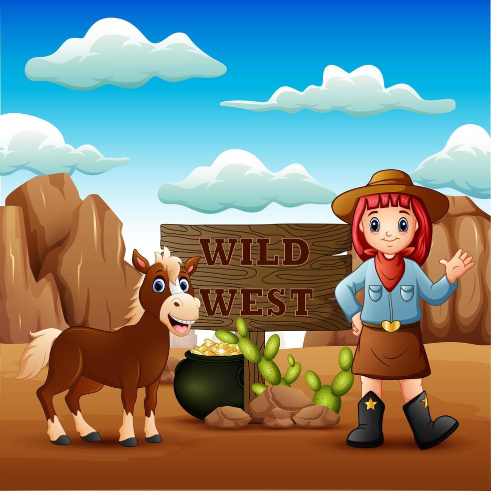Cowgirl wilde Westlandschaft mit Pferd vektor