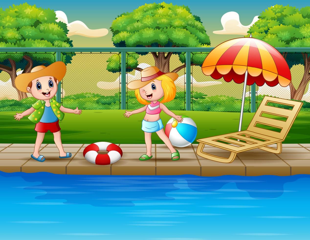 tecknade glada barn som leker vid poolen vektor