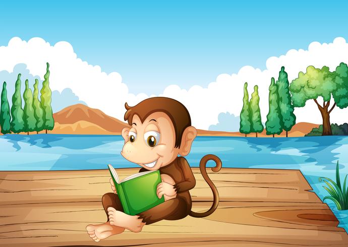 En apa som läser en bok som sitter vid hamnen vektor