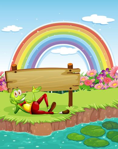 Ein Frosch am Teich mit einem Holzbrett und einem Regenbogen im Himmel vektor