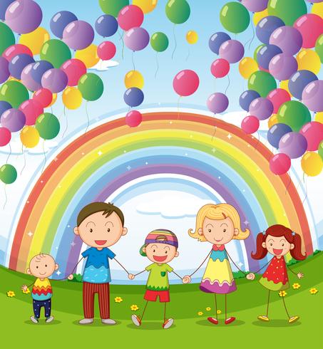 Eine glückliche Familie unter den sich hin- und herbewegenden Ballonen mit einem Regenbogen vektor