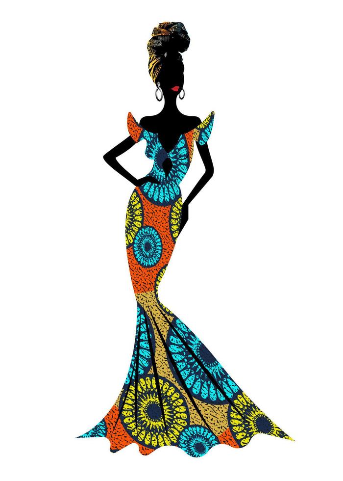 vacker afrikansk kvinna i typiska afrokläder och huvudbonad etnisk turban, ankara vaxtryck textil för traditionell bröllopsceremoni. vektor isolerad på vit bakgrund