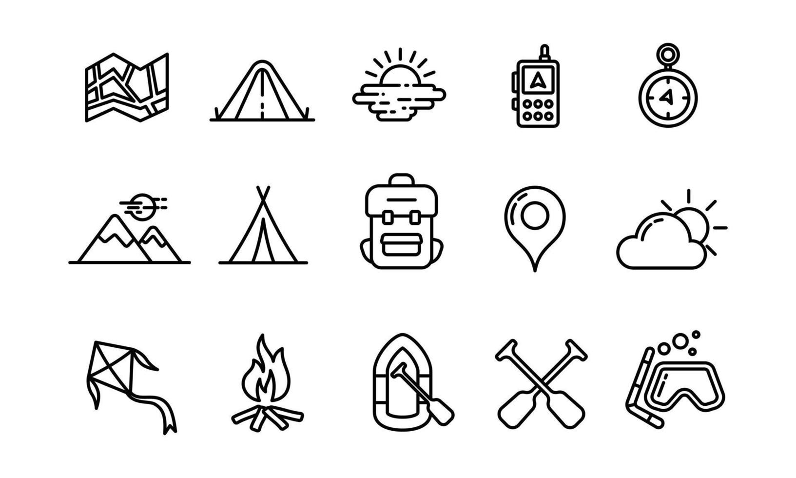 Icon-Sammlung von Abenteuern in der Wildnis und Outdoor-Aktivitäten. geeignet für Gestaltungselement von Lagerfeuer, Urlaub und Abenteuer-Icon-Set. umrissenes Icon-Set im Freien. vektor