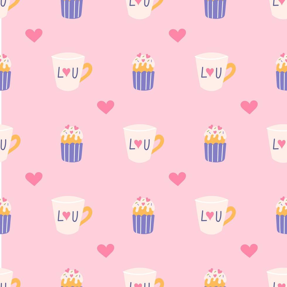 Tasse mit Herz und Cupcake mit Zuckerguss, Vektor Musterdesign für den Valentinstag