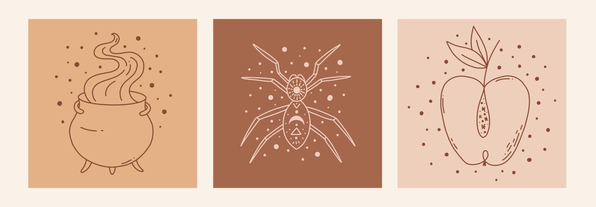 Boho Mystic Doodle Esoterisches Set. Magic Line Art Poster mit Kessel, Spinne, Apfel. böhmische moderne vektorillustration vektor