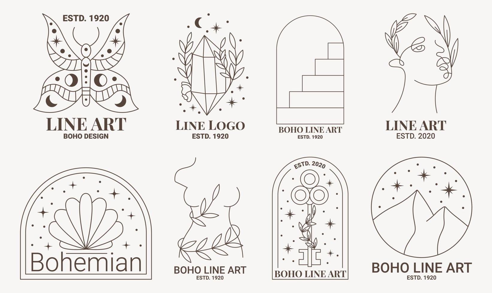 boho mystic doodle esoterisk logotyp set. magisk linjekonstikon med fjäril, diamant, båge, kvinnans kropp och ansikte, nyckel, berg vektor
