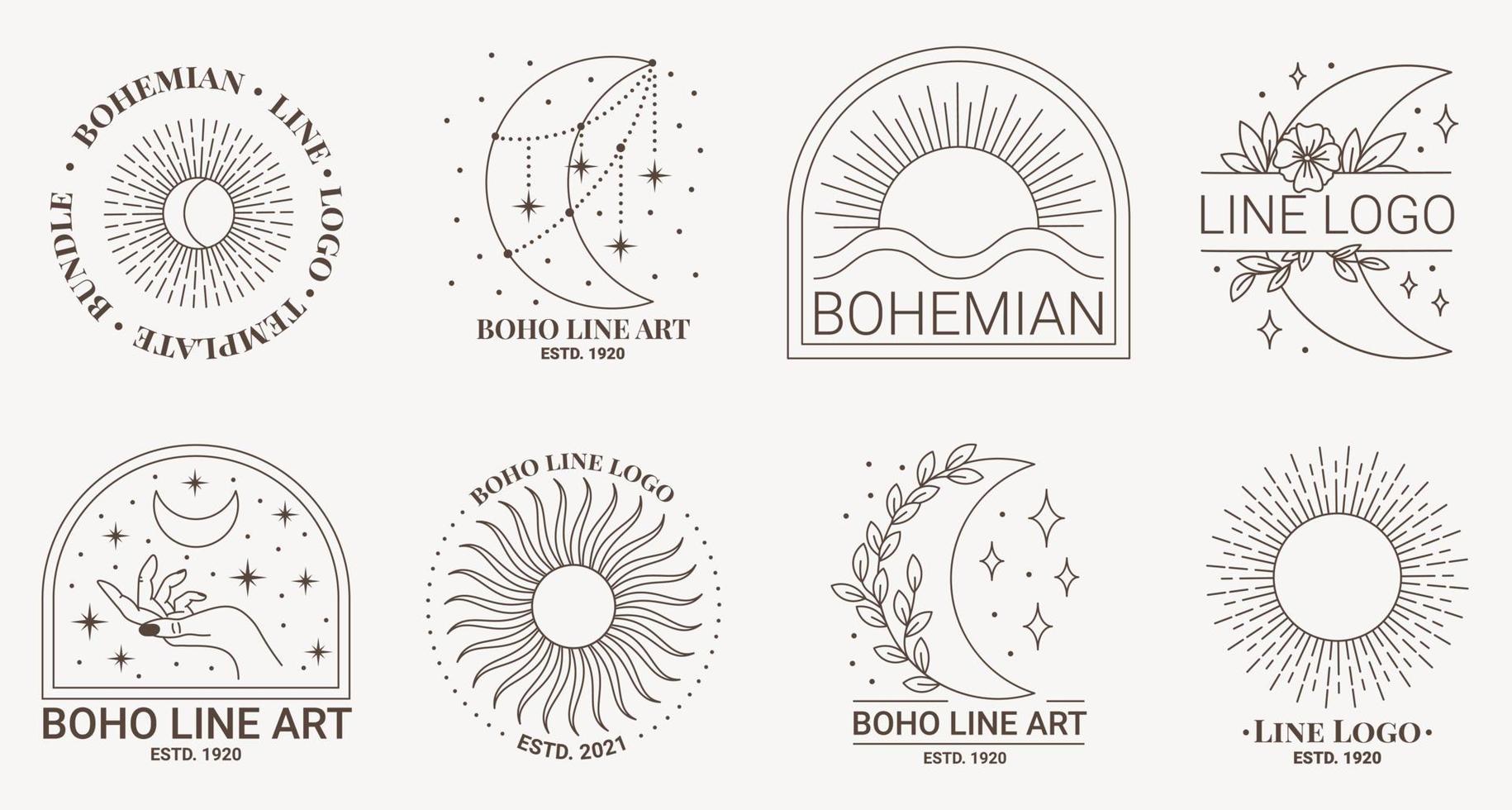 boho mystic doodle esoterisches logo-set. magische linie kunstikone mit sonne, mond, blumenlinienkunst vektor