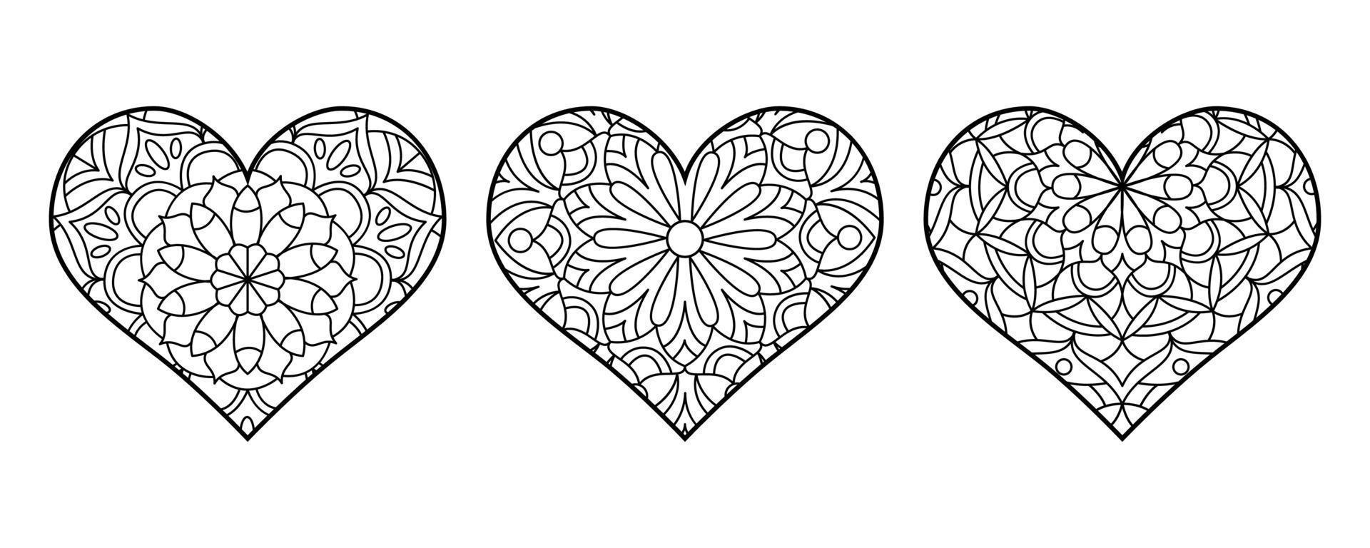 Vektor-Herz-Form-Färbung. Strichzeichnungen geometrische und florale Ornamente. Valentins Malvorlagen. vektor
