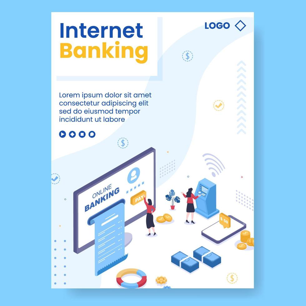 online e-banking app, brieftasche oder bank kreditkarte poster vorlage flache illustration editierbar mit quadratischem hintergrund für überweisung und zahlung in sozialen medien vektor