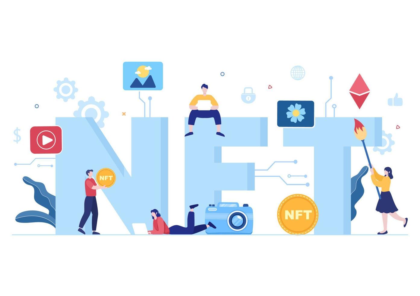 nft nicht fungible Token-Krypto-Kunst der Umwandlung in ein digitales Netzwerk mit Coin-Servern für Banner oder Poster in flacher Hintergrundillustration vektor