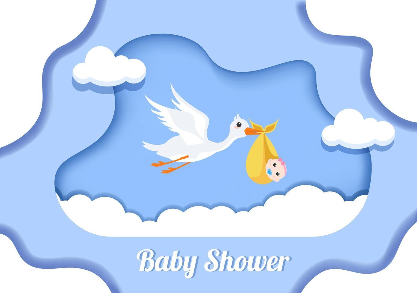 baby shower liten pojke eller flicka med söt designstork, molnbakgrundsillustration för inbjudan och gratulationskort vektor