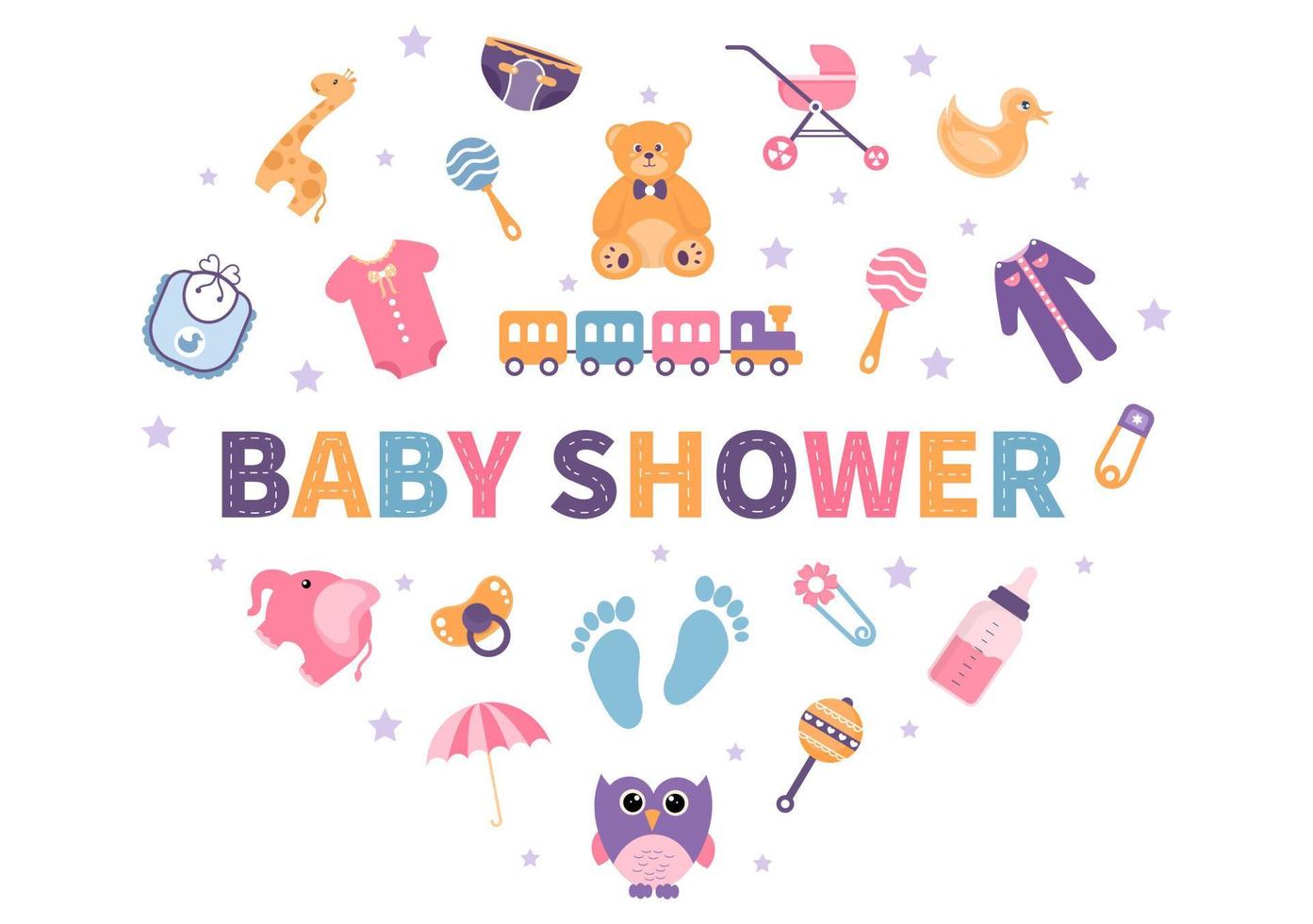 babydusche kleiner junge oder mädchen mit niedlichem design spielzeug und zubehör neugeborene babys hintergrundillustration für einladungs- und grußkarten vektor