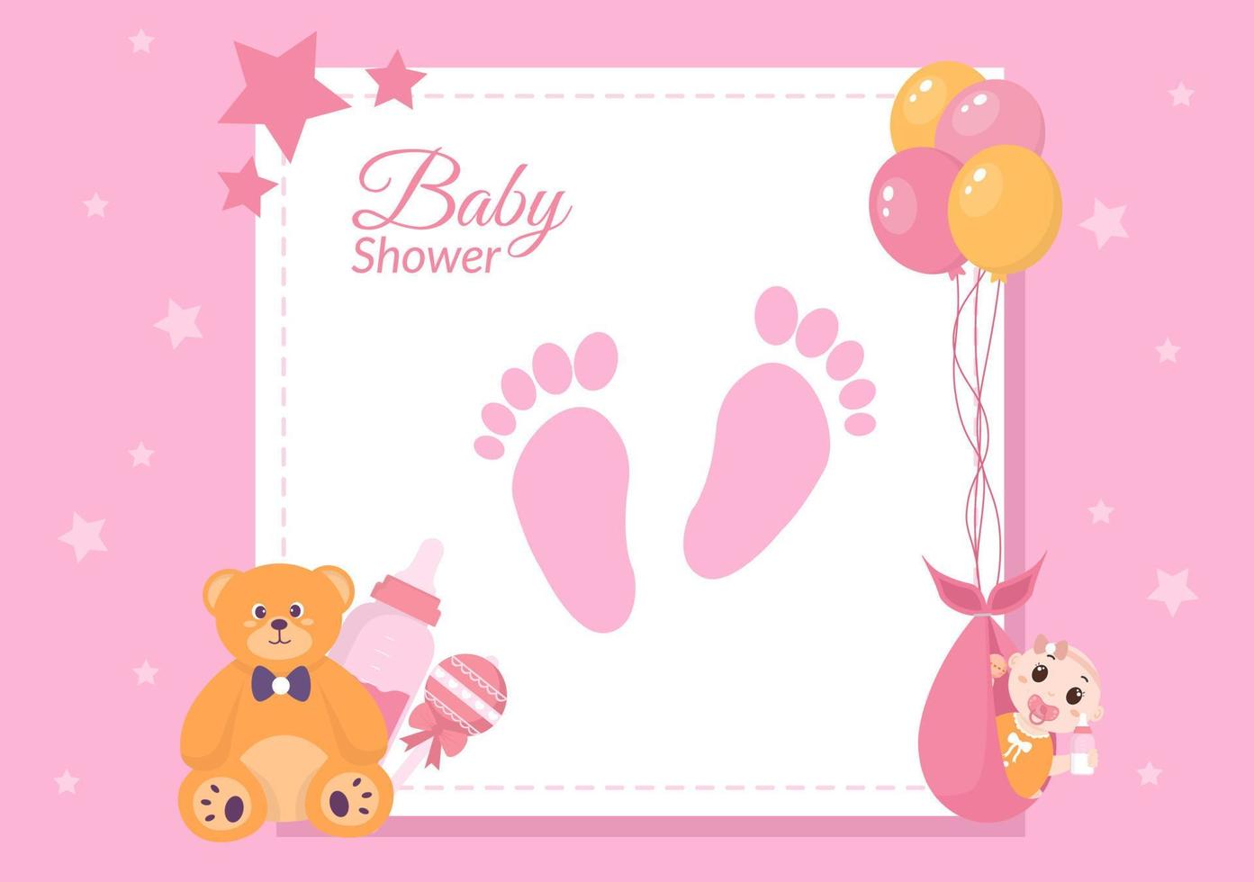 babyparty kleiner junge oder mädchen mit niedlichem designstorch, wolkenhintergrundillustration für einladung und grußkarte vektor