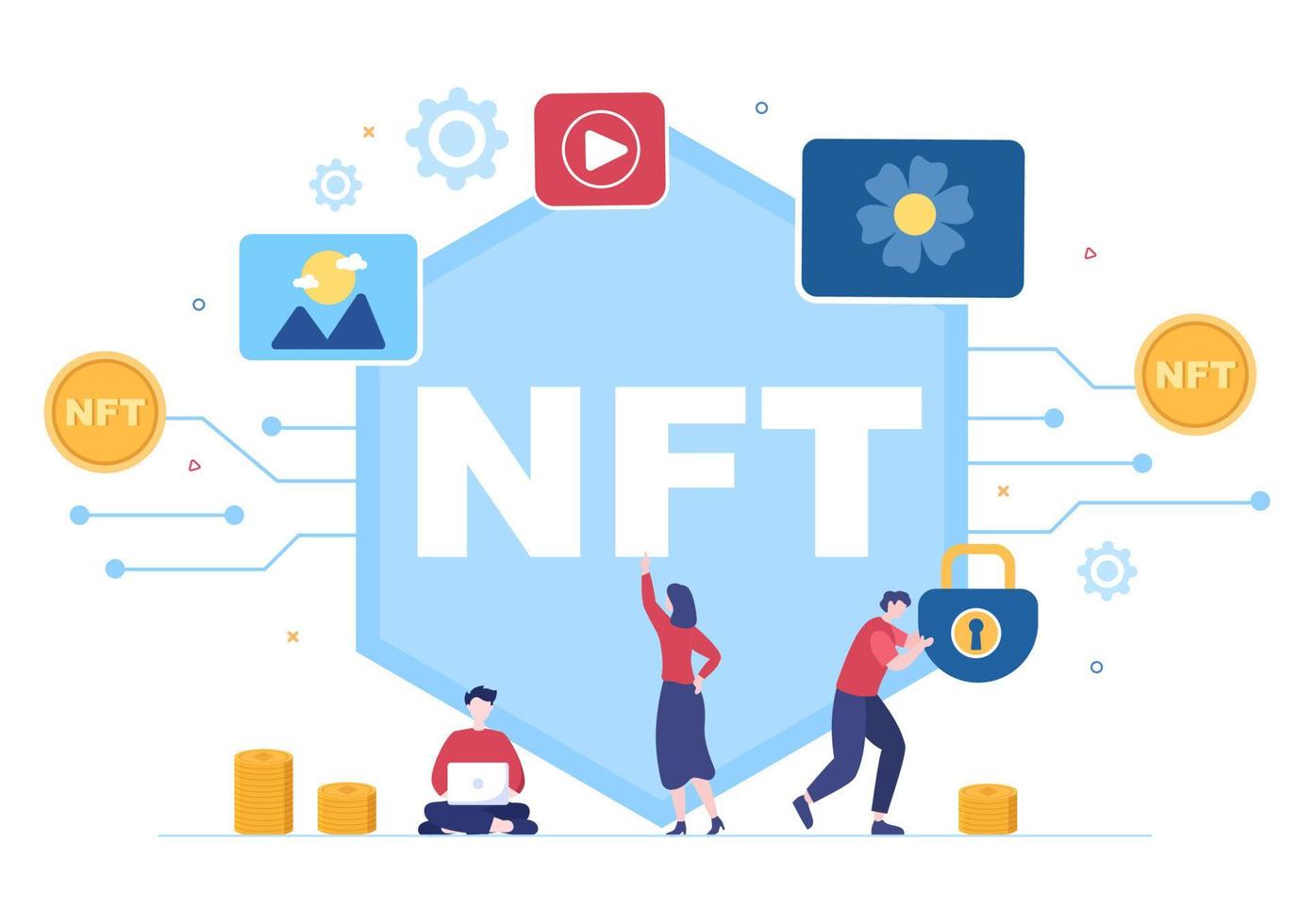 nft nicht fungible Token-Krypto-Kunst der Umwandlung in ein digitales Netzwerk mit Coin-Servern für Banner oder Poster in flacher Hintergrundillustration vektor