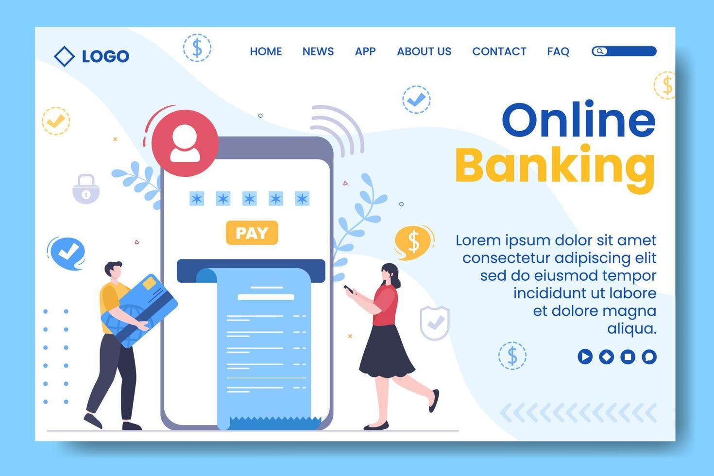 flache illustration der landingpage-vorlage für online-e-banking-apps, brieftaschen oder bankkreditkarten, die vom quadratischen hintergrund für die überweisung und zahlung in sozialen medien bearbeitet werden kann vektor