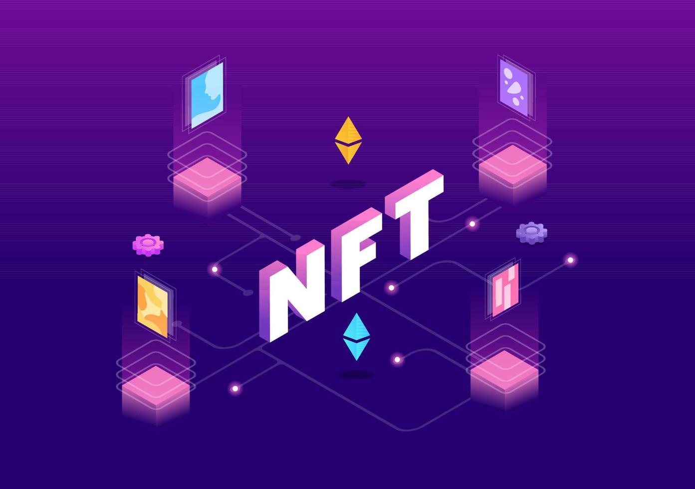 nft nicht fungible Token-Krypto-Kunst der Umwandlung in ein digitales Netzwerk mit Coin-Servern für Banner oder Poster in flacher Hintergrundillustration vektor