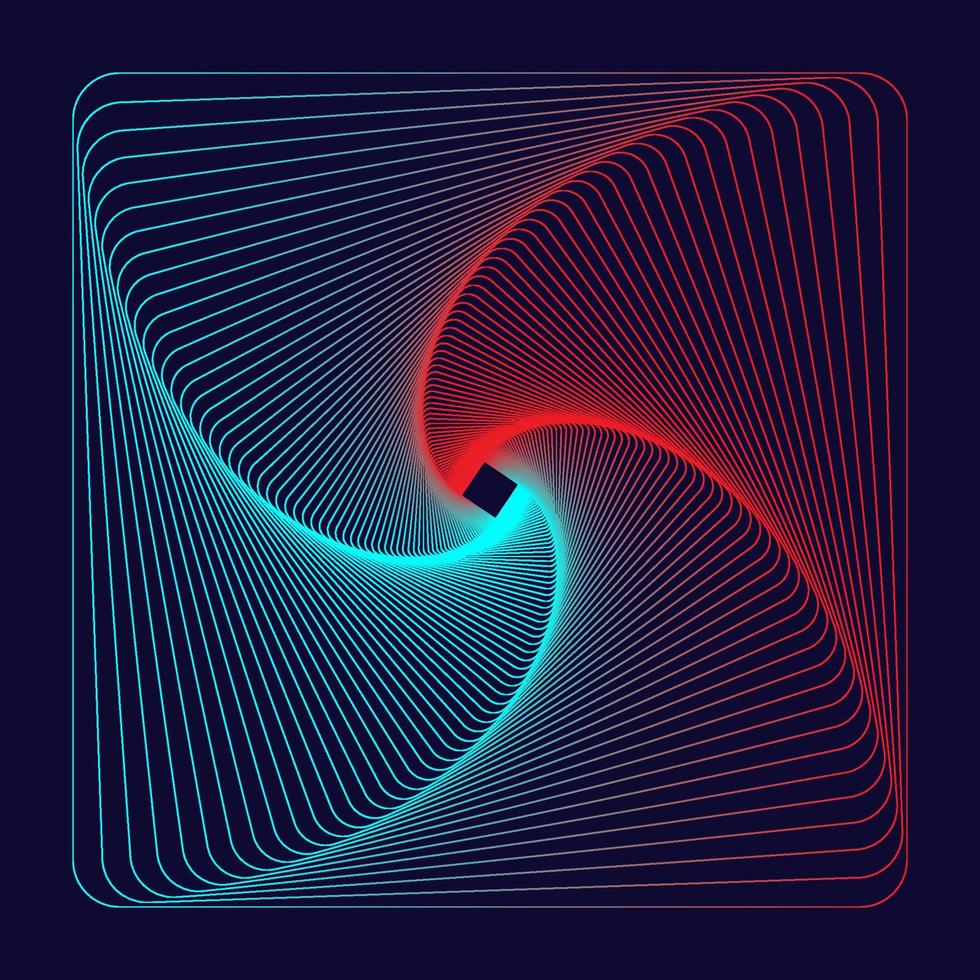 kvadratisk vortex linjekonststil. centrerade rörliga spirallinjer. neoneffekter bakgrund. vektor