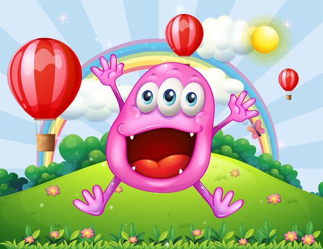 Ein Hügel mit einem sehr glücklichen rosa Monsterspringen vektor