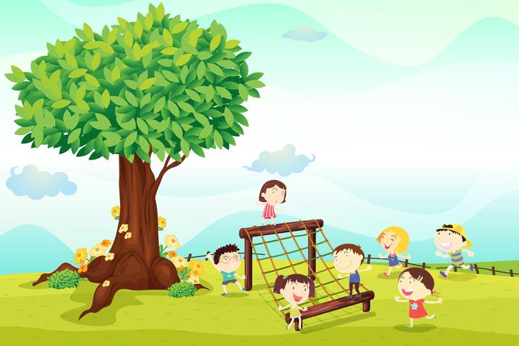 barn leker under ett träd vektor
