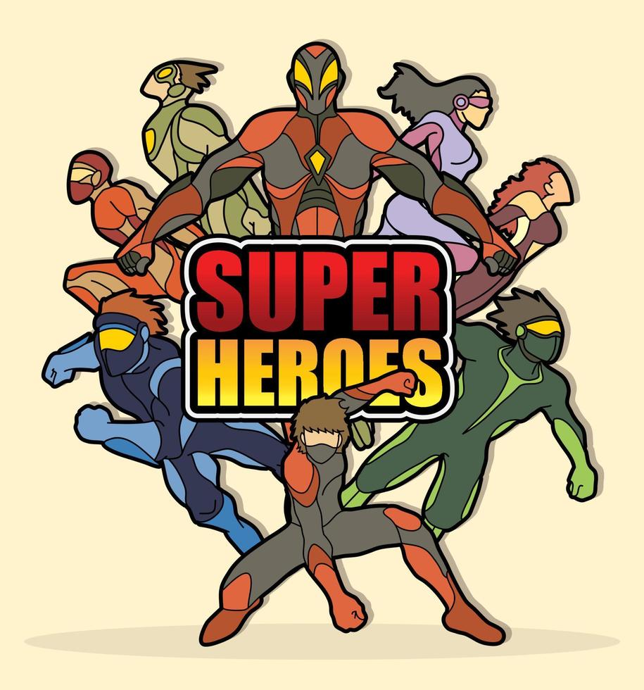 Gruppe von Superhelden mit Text, die bereit sind, Action zu bekämpfen vektor