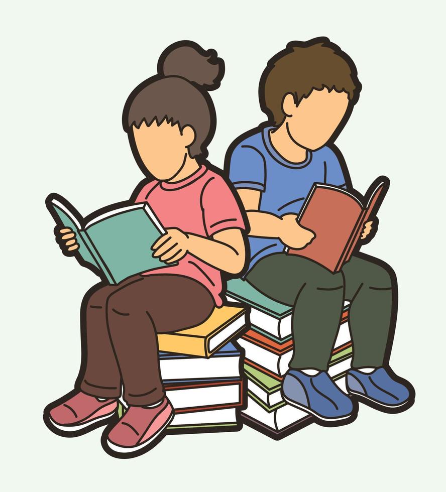 Gruppe von Kindern, die auf Stapelbüchern sitzen und gemeinsam Bücher lesen vektor