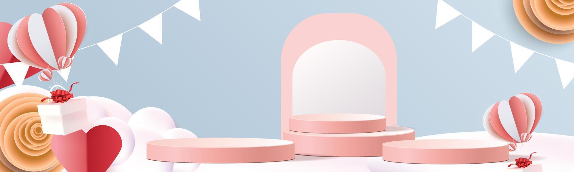 3d podium röd produktbakgrund för valentine. Rosa och hjärta kärlek romantik koncept design vektor illustation dekoration banner